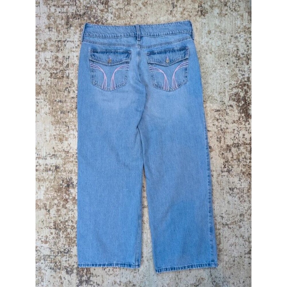 Hollister Low-Rise Baggy Wide Leg Jeans Pink Embroidery Sz. 10
